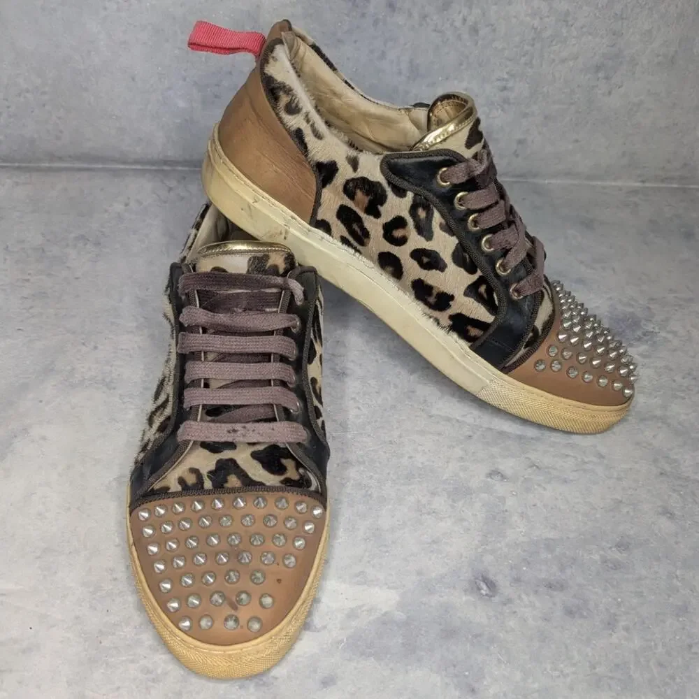 Ron Tomson Men's Punk Rocker Spiked Low-Top Sneaker in Leopard Print, Size 10.5